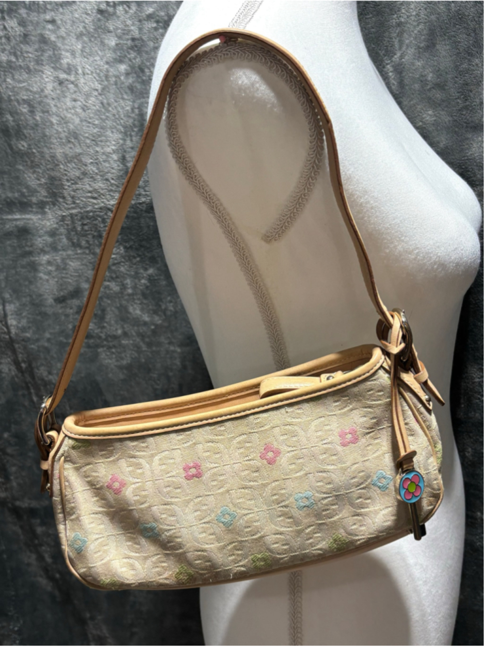 Vintage Fossil Monogram Colorful Floral Canvas Y2K Shoulder Baguette Bag GUC